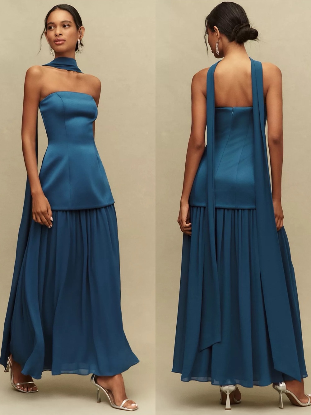 Brand New- Mare Mare Natalie Strapless Stretch Satin Chiffon Maxi Dress in Blue